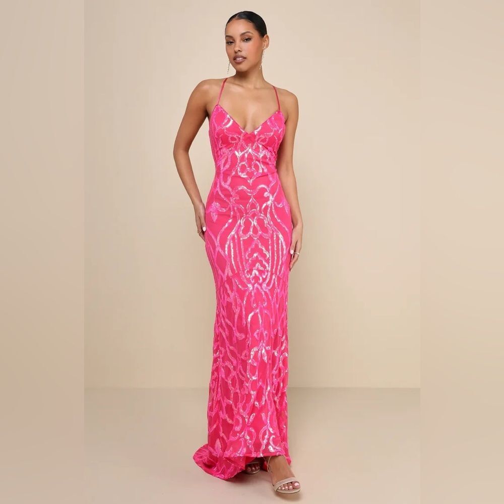 Lulus Perfect Enchantment Hot Pink Sequin Lace-Up Mermaid Maxi Dress